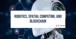 Close-up of a robot head with blockchain and spatial computing icons in the background.