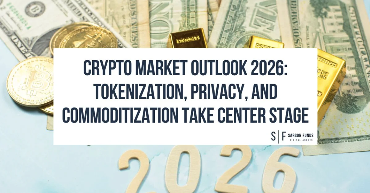 Cryptocurrency tokens, gold bars, and U.S. dollars behind a 2026 graphic.