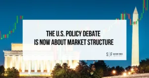 U.S. policy debate shifts to market structure with Washington landmarks and market chart overlay
